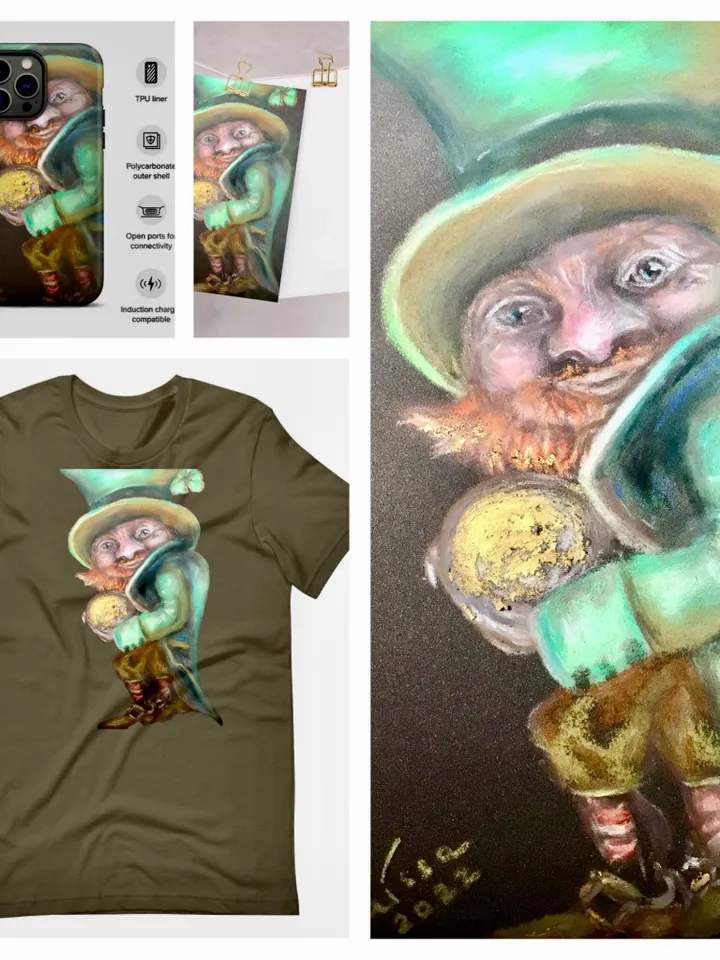 Unisex good luck leprechaun with golden coin t-shirt made from my original pastel painting,designer t shirts,unique handmade wearable gifts.