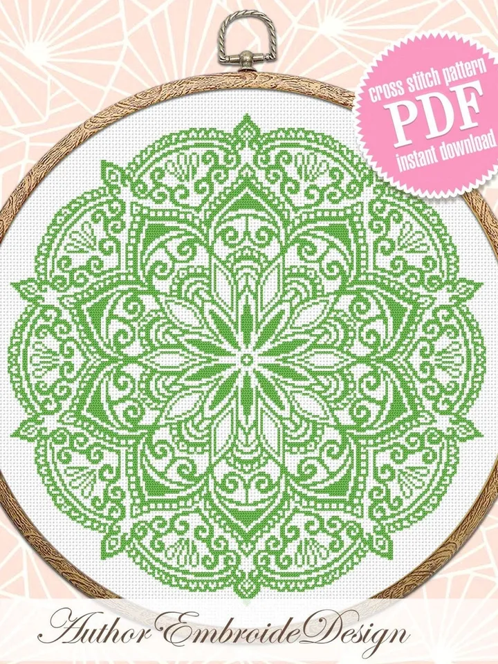 Floral mandala cross stitch pattern download PDF Monochrome cross stitch chart, Simple mandala pattern digital PDF, Mandala ornament #M265