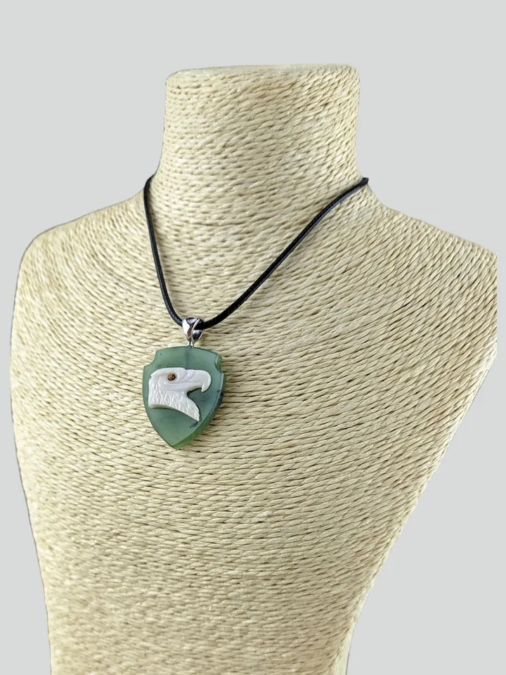American Bald Eagle Cameo Pendant in White Agate on Jade Shield.