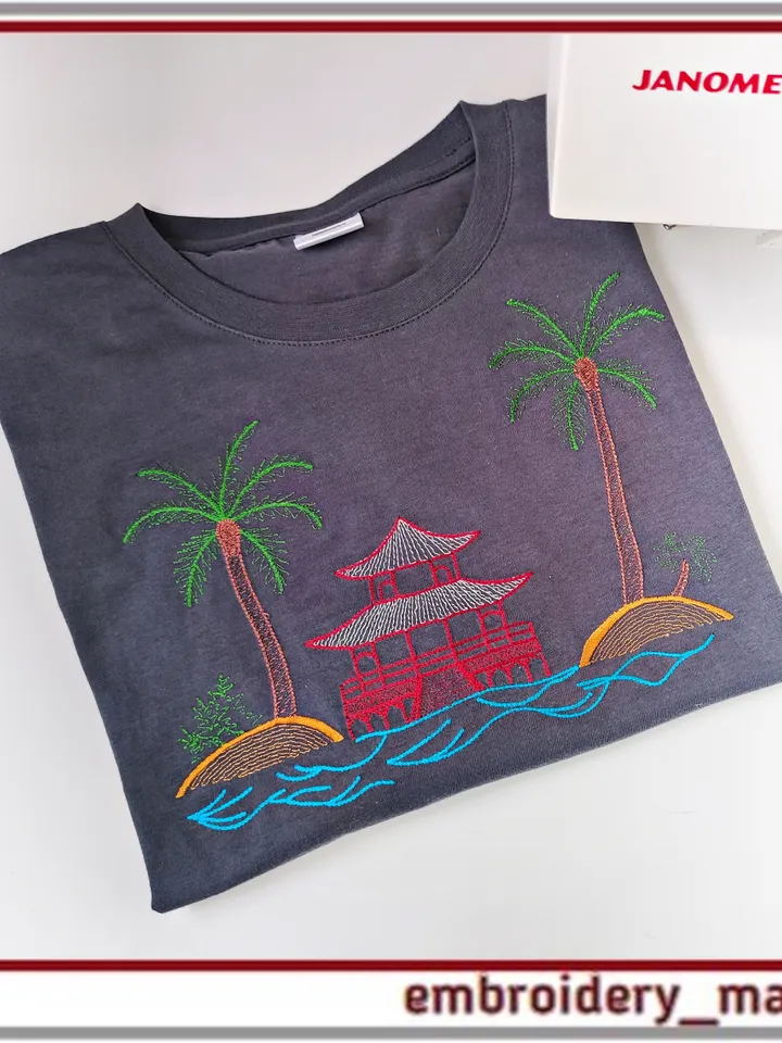Machine embroidery design The palm trees, the sea and the house pattern
