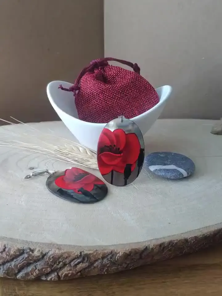 Pearl earrings: Aesthetic Red Poppy dangle earrings • Stylish bohemian handmade earrings • Hand painted in fedoskino style art gift for her