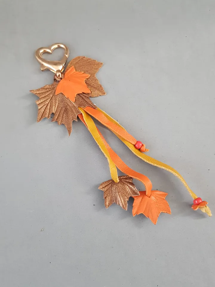 Orange maple Leaf Keychain Leather tassel charm Leather Pendant, art 11