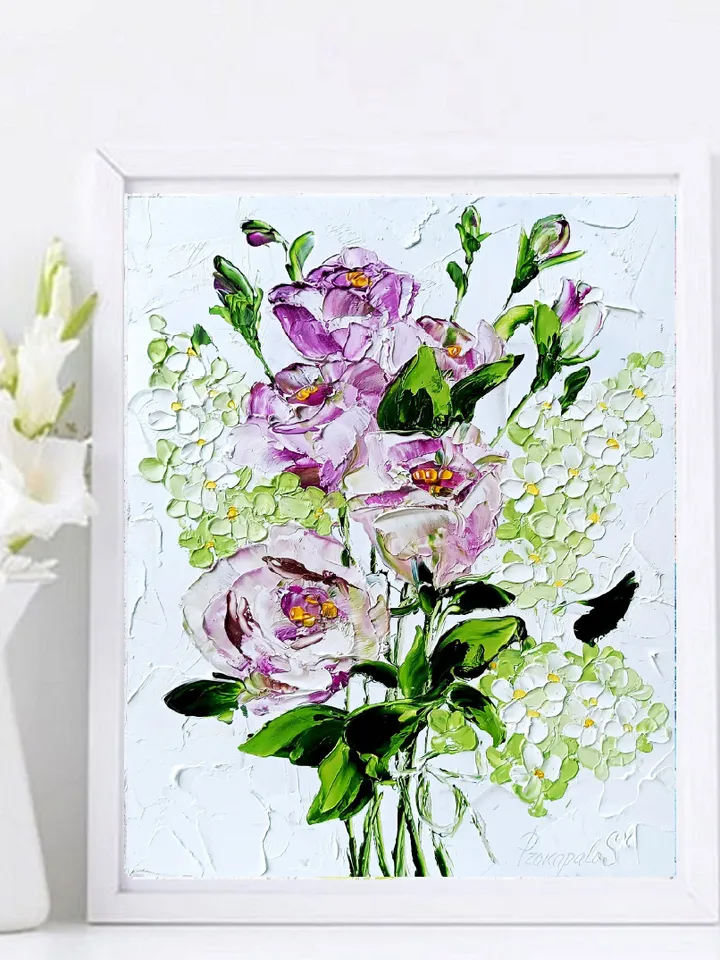 Lilac Painting Lisianthus Original Art Impasto Oil Painting 10x8 Eustoma painting Floral Painting by ArtProkopaloSv