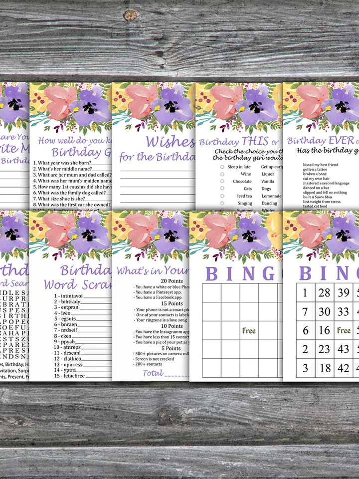 Watercolor flowers Birthday Party Games bundle,Adult birthday games package,Printable Birthday Games,INSTANT DOWNLOAD