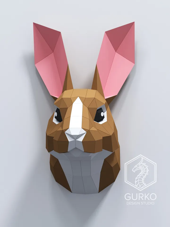 Rabbit Head Papercraft, Hare, Digital Template, PDF Download, Gurko, Trophy, 3D Low Poly, Pepakura, DIY Origami, Paper Decor, DIY Gift