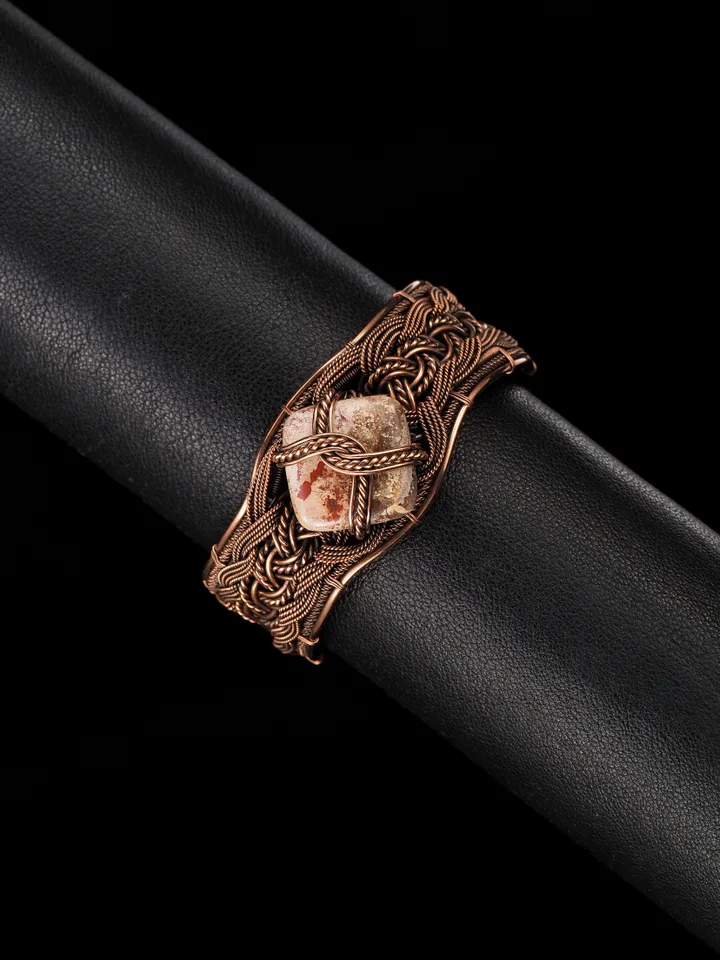 Copper wire wrapped jasper bracelet Unique woven copper wire bangle