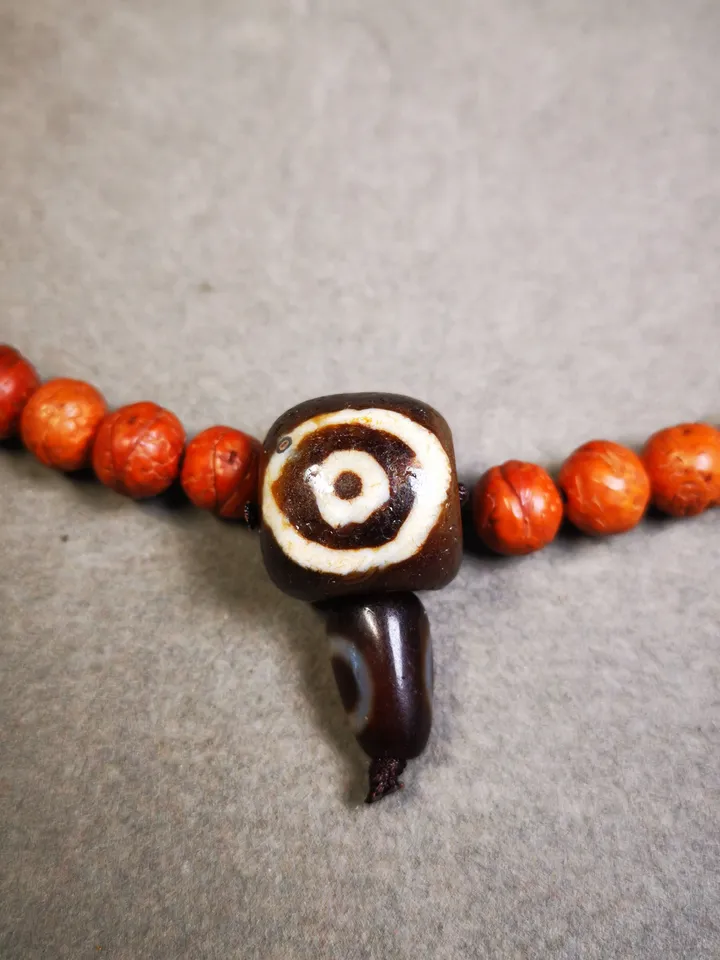 Gandhanra Old 2 Eyed Dzi Guru Bead,T-drilled 3-Hole Mala Bead, Prayer Bead,Connector Bead for Buddhist Bead