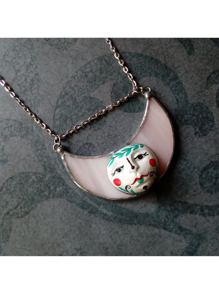 Stained glass moon, Moon Goddess, Moon phase necklace, Stainglass crescent, Full moon pendant, Moon face necklace