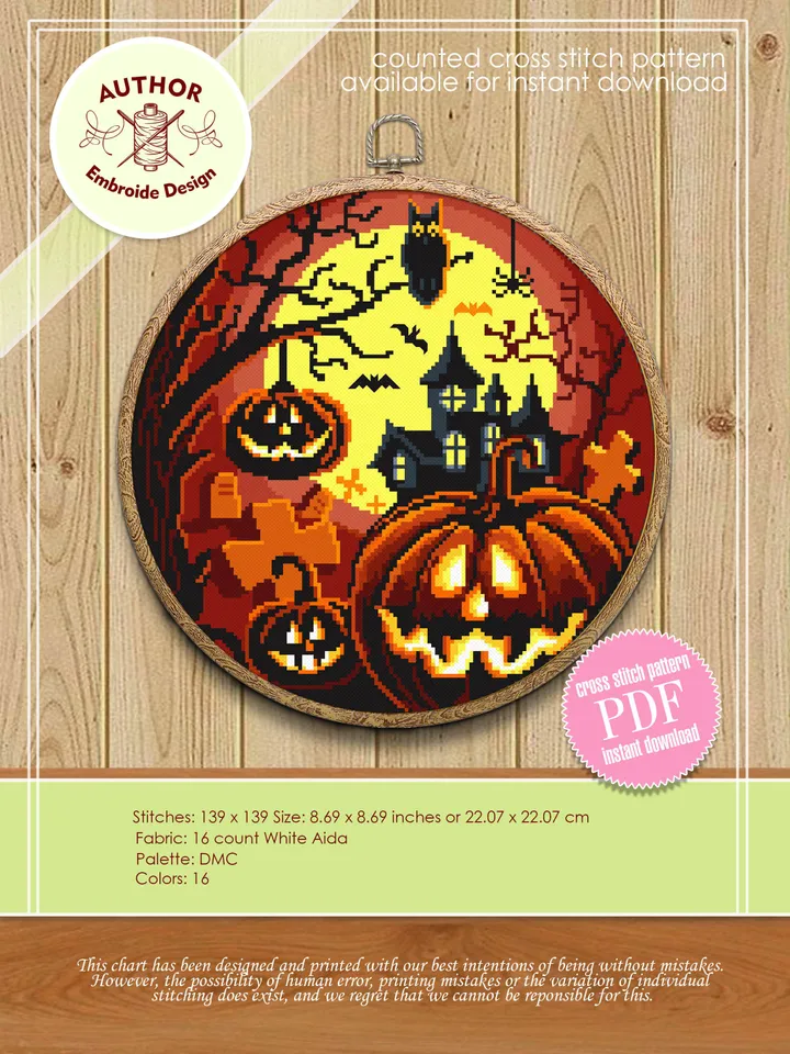Set Halloween cross stitch pattern download PDF Haunted house cross stitch chart, Halloween pattern digital PDF, Happy Halloween night #S40