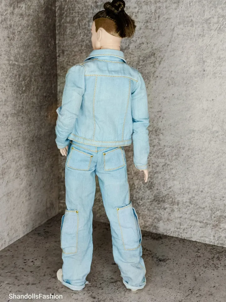 Ken's Distressed Denim Jacket and Cargo Jeans with Large Patch Pockets (Light Blue)