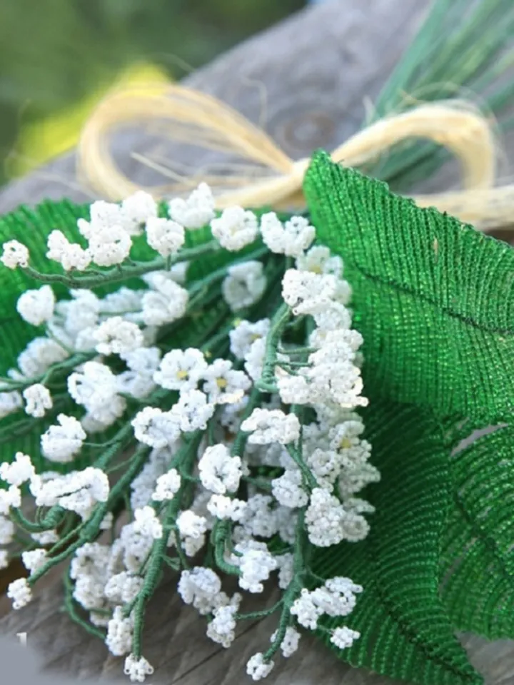 Beaded Lilies of the valley and Fern | Beaded Flowers pattern | Seed bead patterns | Beadwork pattern