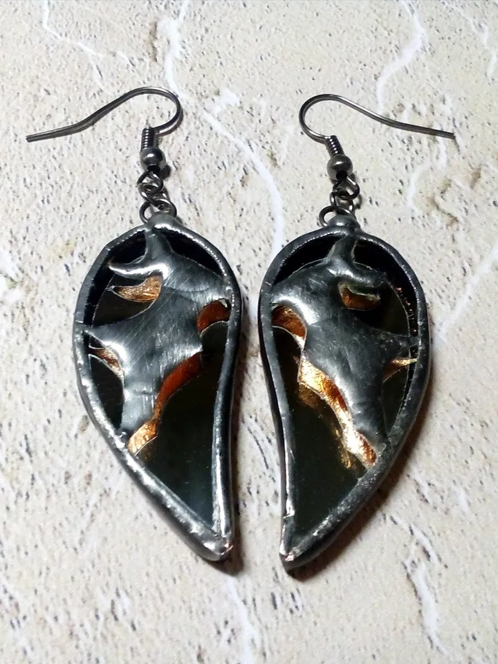 Glass black BAT mirror earrings, Goth black earrings, Halloween stained glass, Bat wings earrings, samhain