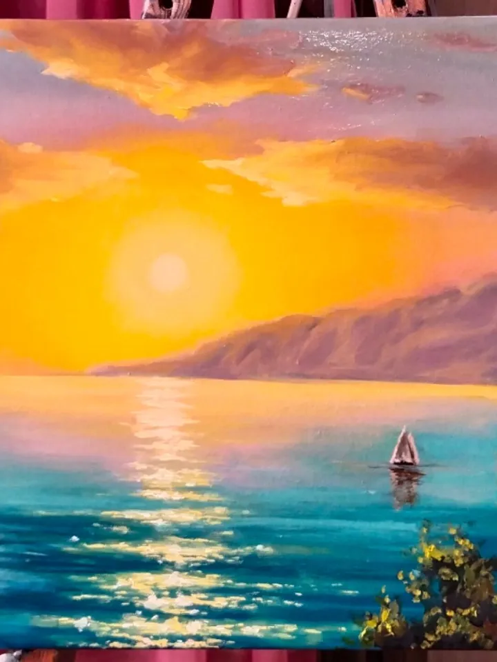 Seascape oil painting Sunset with clouds art Ship in Turquoise water Slender and tall junipers Bright Wall art on canvas