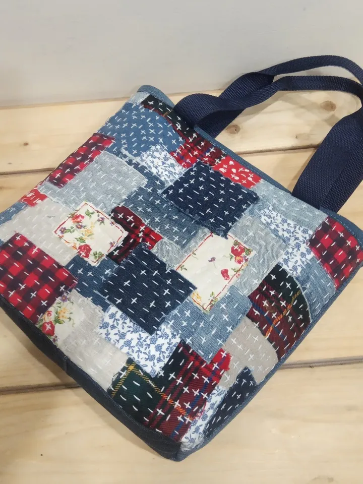 Quilted bag, patchwork bag, handmade bag, small handbag made of cotton and jeans, quilted textile handbag ,tote bag,