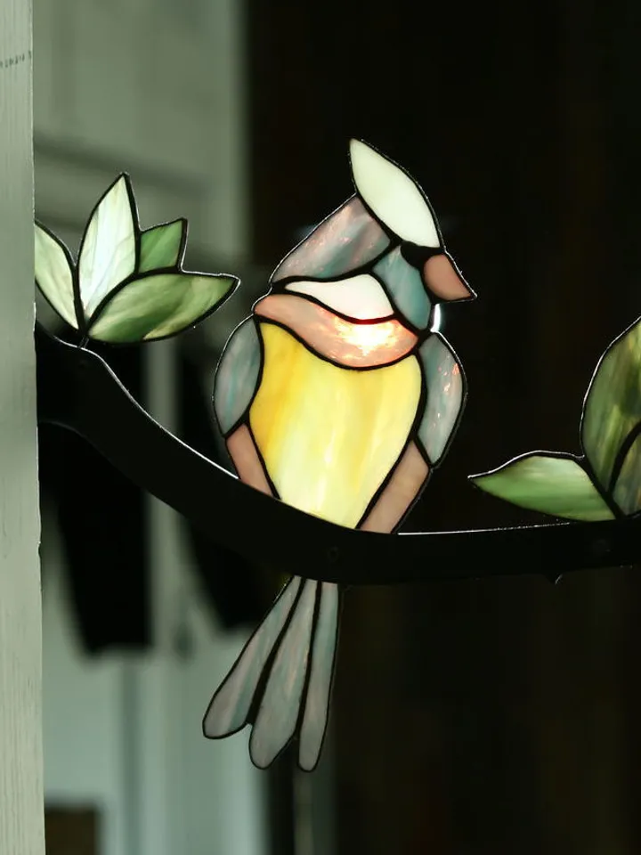 Cardinal Branch, Cardinal Stained Glass Branch, Stained Glass Art with Cardinal, Handcrafted Cardinal Wall Decor, Forest-Inspired Stained Glass Panel, Artistic Cardinal Glass Ornament, Handmade Stained Glass Cardinal Branch, Wall-Mounted Stained Glass