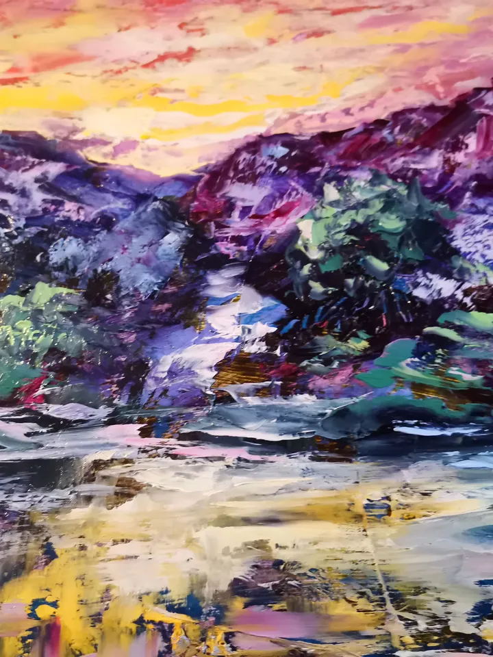 Mountains Waterfall Sunset Boat Original Art Oil Painting Artist Svinar Oksana
