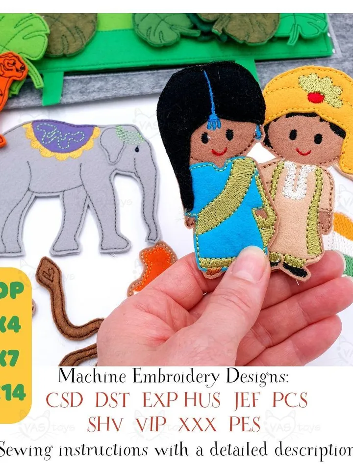 India Quiet Book Page & Finger Puppets ITH Embroidery Design, Jungle Animals Felt Play Set, Taj Mahal, Educational Toy Download