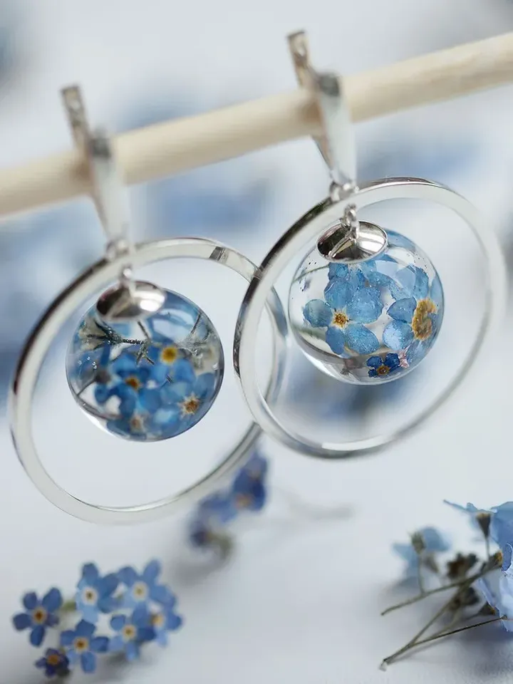 Earrings jewelry Silver rhodium plated 925 assay value with forget-me-nots