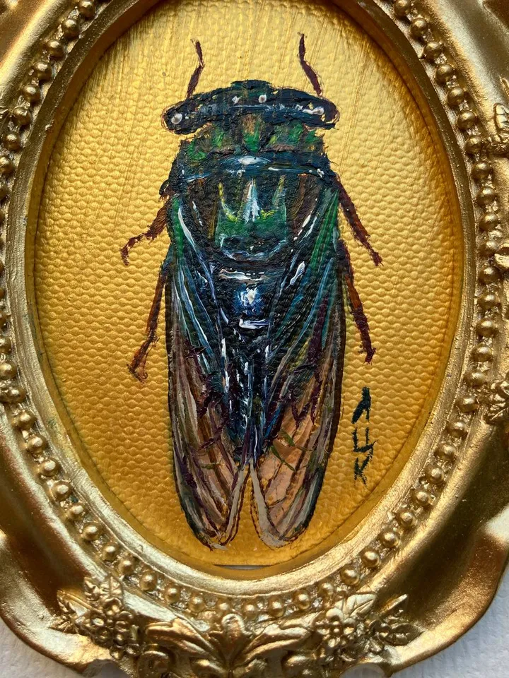 Framed Insect Oil Painting Original Entomology Art Cicada Painting Gold Frame Dark Academia