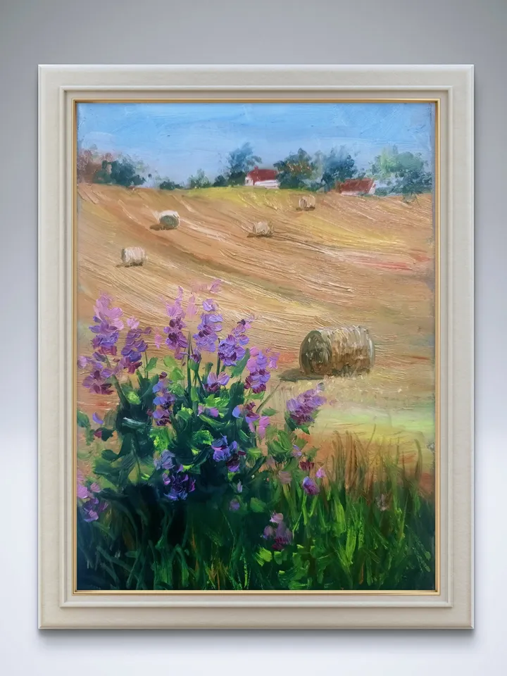 Oil painting landscape nature original painting,panoramic scenery with hills wall art field work hay farm ,artwork summer autumn pictures