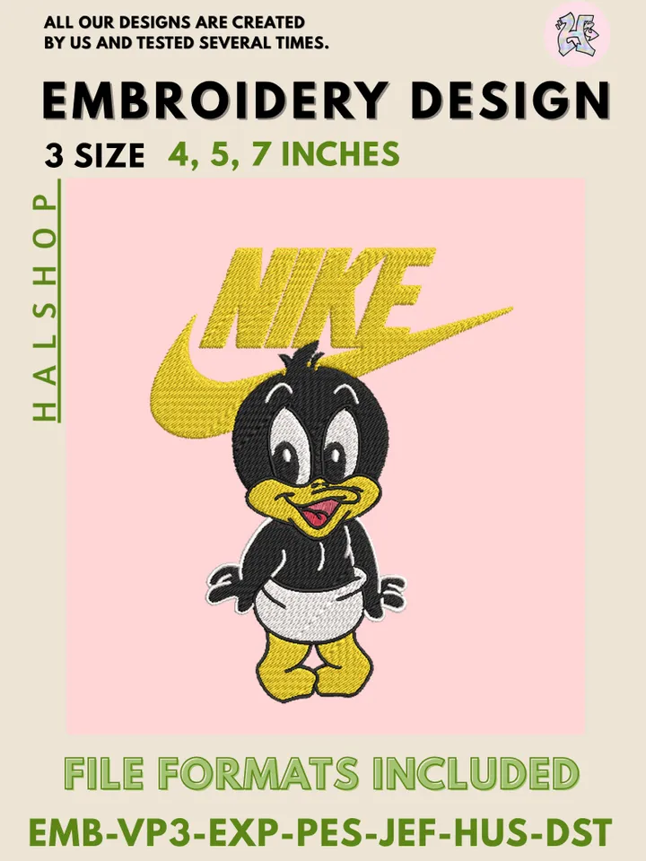 Daffy Duck x Nike Machine Embroidery Design – Looney Tunes Cartoon Digital Embroidery File 🦆