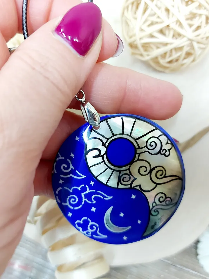 Mother-of-pearl Russian necklace with hand-painted pendant "Yin-Yang. Day-Night" Hand-painted Necklace Pendant