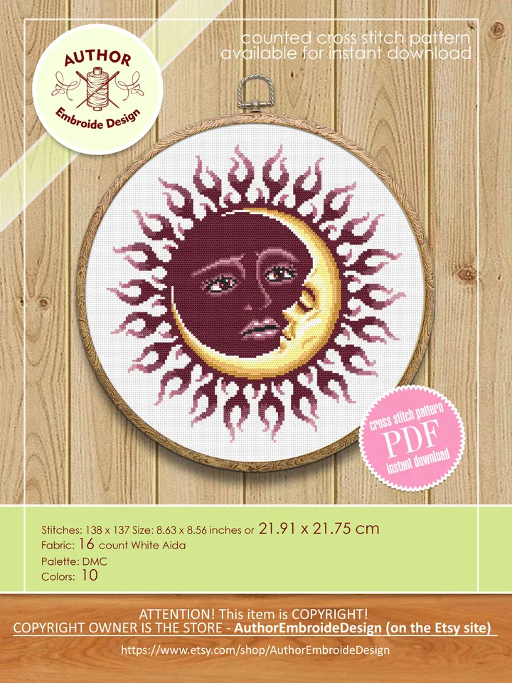 Mandala sun and moon cross stitch pattern PDF download Sun mandala cross stitch chart, Sun moon pattern digital PDF, Crescent moon #M185