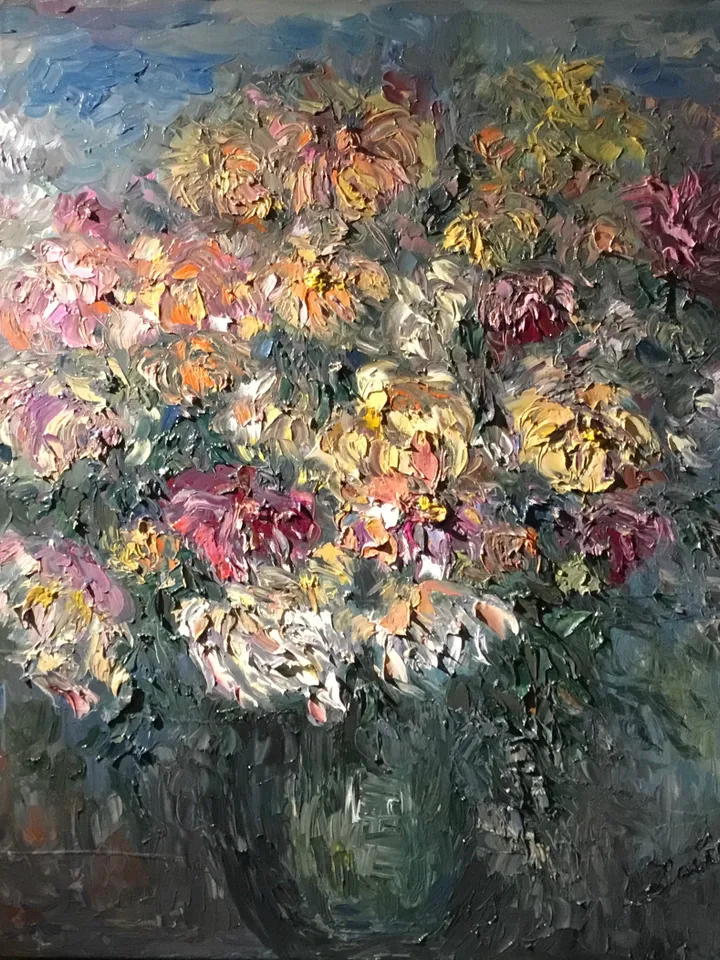 Chrysanthemums in a vase,original oil painting on canvas, abstract flowers painting, unique handmade painting,home decoration wall hanging