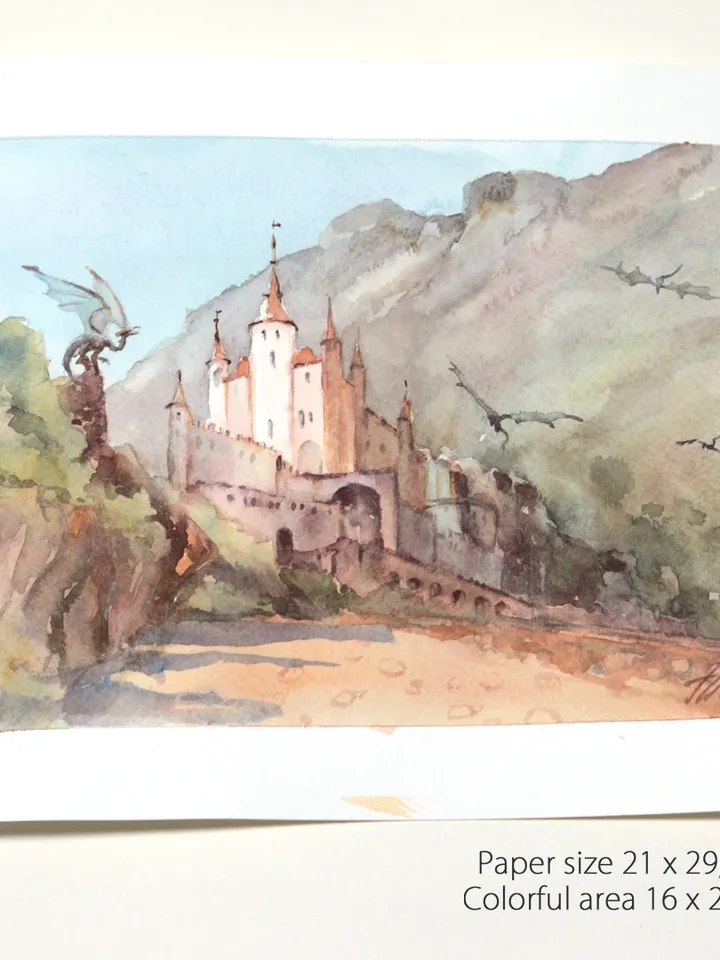 Fantasy castle of dragons Original painting by Yulia Evsyukova