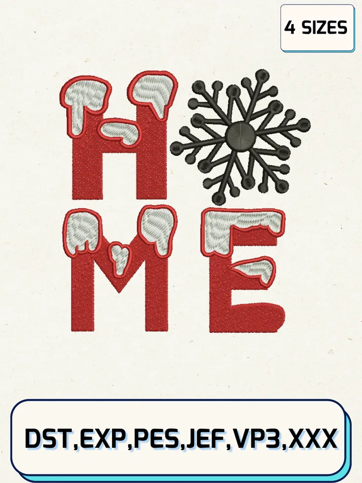 Home With Snowflake Christmas Embroidery Design Files,Christmas Embroidery Designs,Machine Embroidery Files,4 Sizes