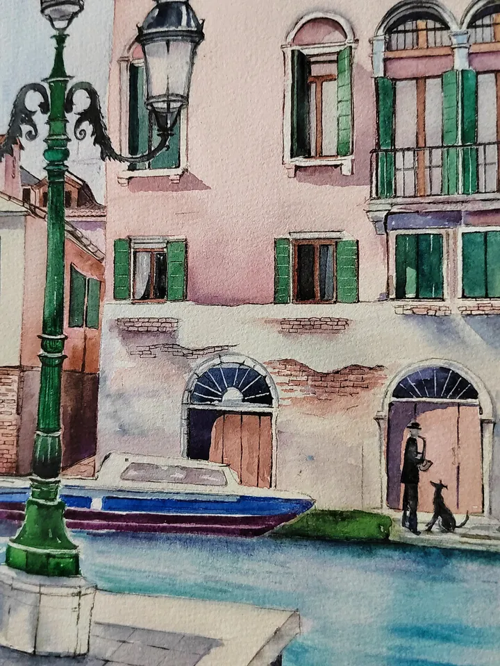 Original Watercolor Painting Urban Landscape Art Pink House Artwork House on Venetian Canal Picture 30x40 cm by SoftWaves