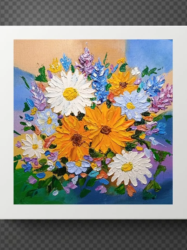 Oil Painting Bright Flowers Chamomile Sunflowers Impasto Art Miniature 6 x 6 in