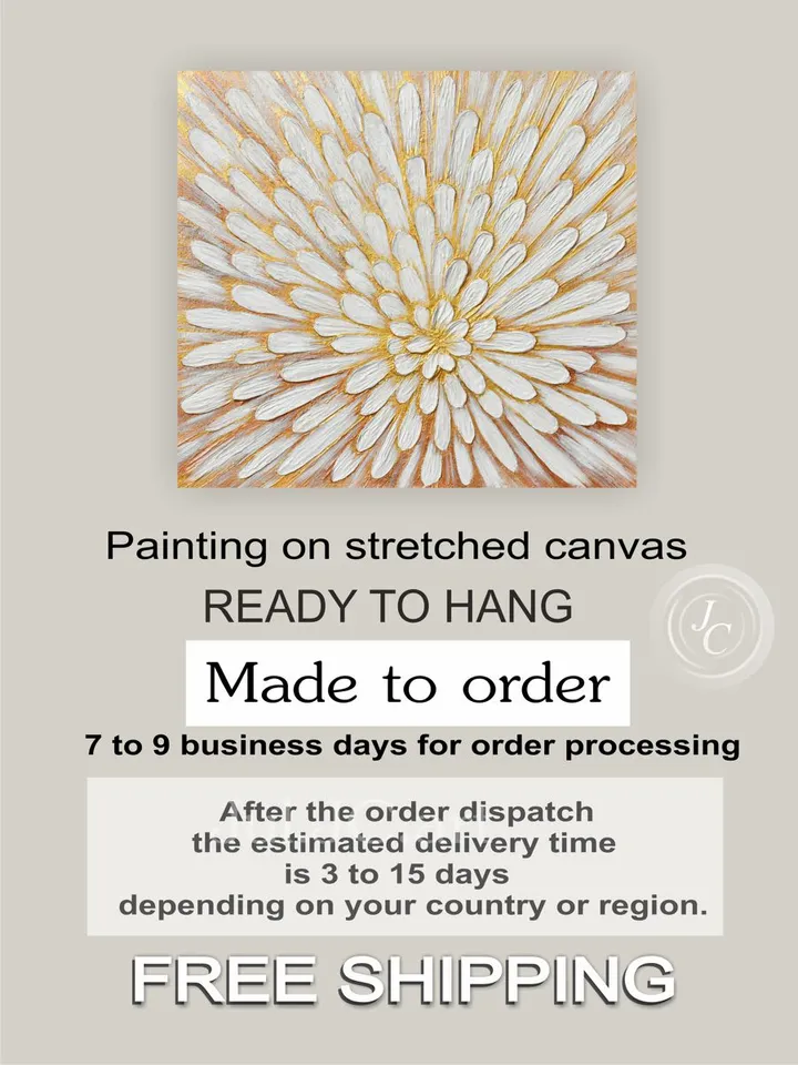 Gold and White Floral Wall Art Abstract Original Painting Textured artwork Modern wall decor