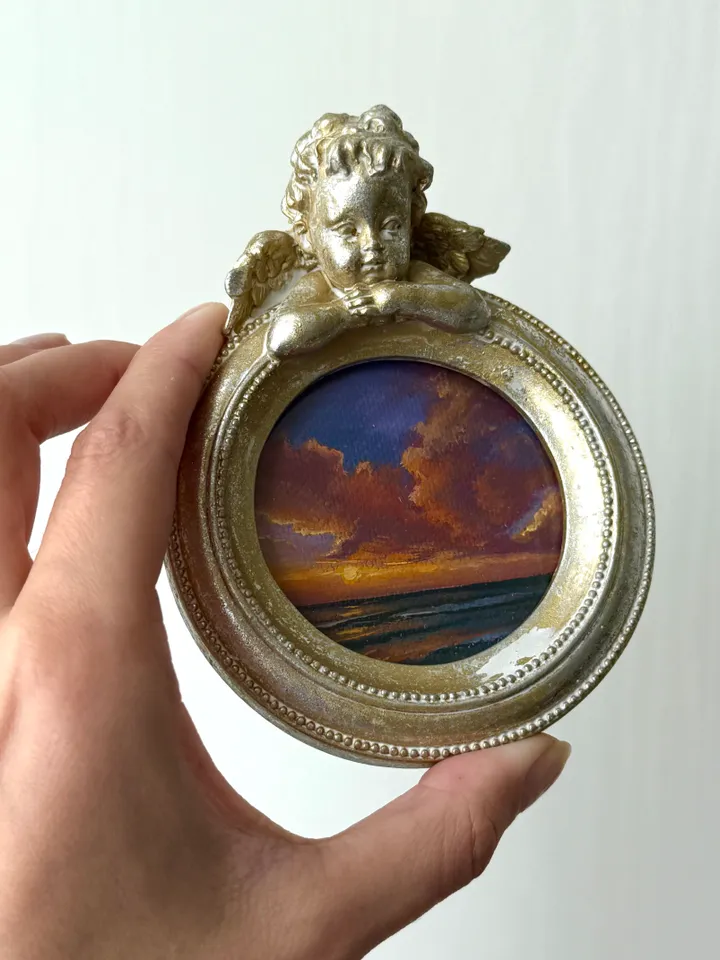 Small Landscape Oil Painting Framed Original Colorful Pink Clouds Antique Ocean Art Coastal Antique Frame Tiny Paintings 4 x 4 Art Victorian artwork