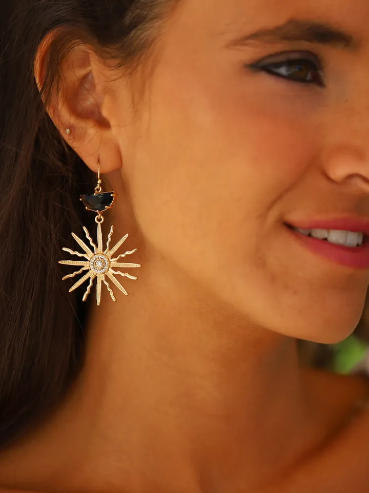 Art Deco Wedding Earrings, Gold Black Boho Bridal Earrings, Sun Celestial Statement Wedding Earrings For Bride, Star Bridal Earrings Jewelry