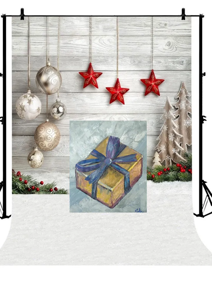 Oil Painting Holiday Gift Box with Blue Bow Original Art Cardboard 10x7 Inch