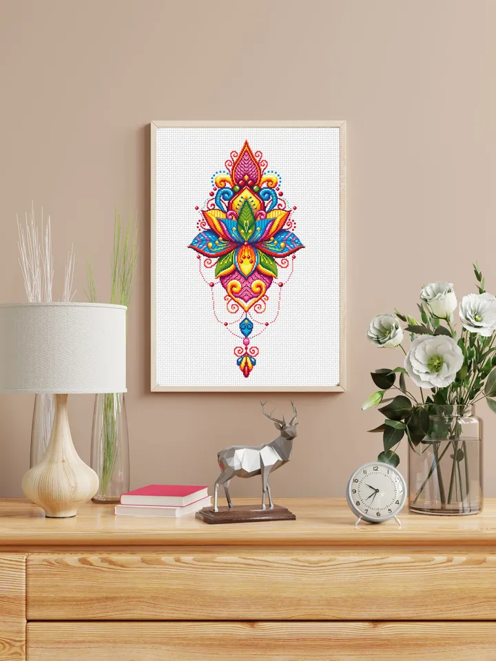 Lotus flower mandala cross stitch pattern PDF download Floral mandala embroidery PDF, Rainbow lotus cross stitch chart, Indian mandala #M198