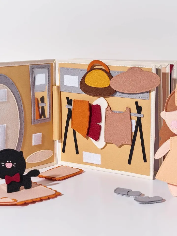 handmade dollhouse felt quiet book 8 pages, travel busy book for girl 1-2-3-4 year old, pretend play, felt montessori gift toys, kinderkrama