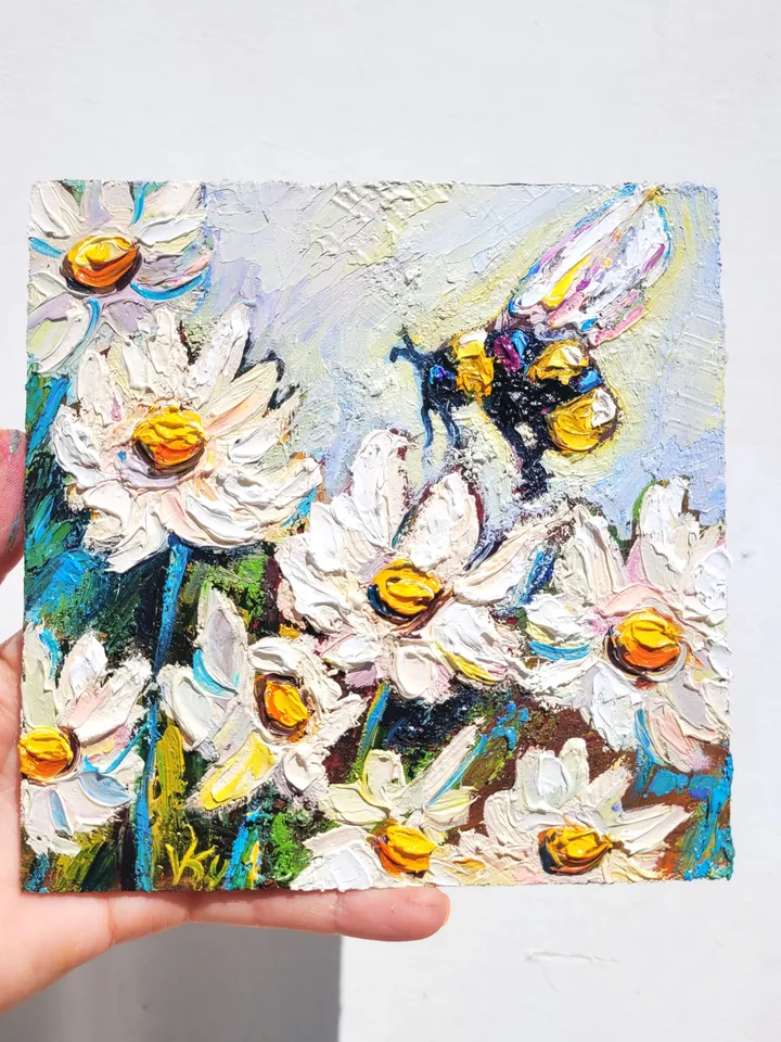 Daisy Painting Bumble Bee Painting Original Impasto Oil Painting 6x6 Honey Bee Wall Art Daisy Artwork Bee and Flower Art Christmas Gift by ArtFromVictoria