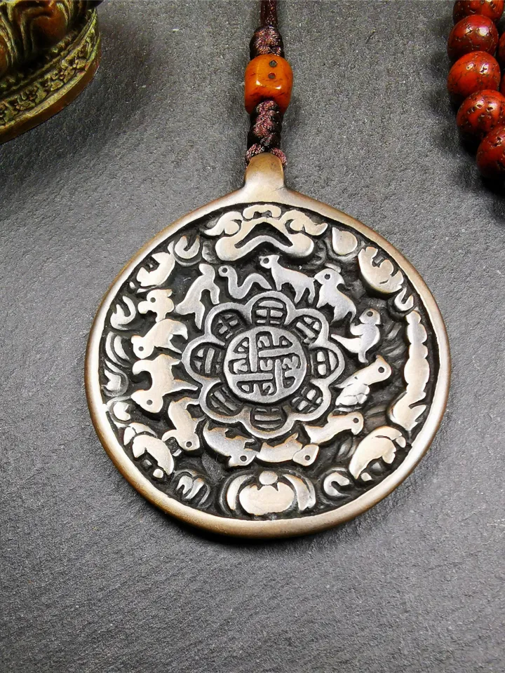 Gandhanra Antique SIPAHO(srid pa ho) Amulet, Tibetan Buddhist Astrology Calendar Badge,12 zodiac Melong Mirror, Jiugong Bagua,30 Years Old