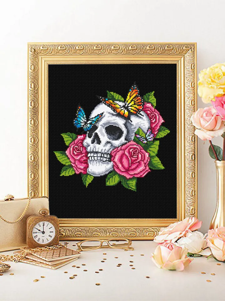 Human skull with flowers cross stitch pattern PDF download Gothic cross stitch chart, Day of the dead, Floral skull embroidery PDF #H59