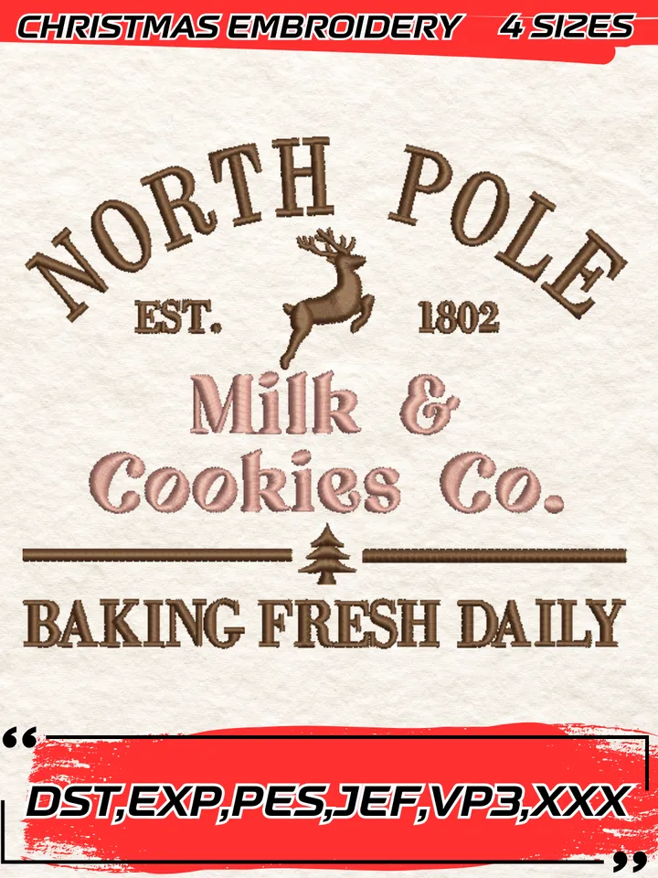 North Pole Milk & Cookies Co Embroidery Design,Christmas Embroidery Design,4 Sizes, Digital Download