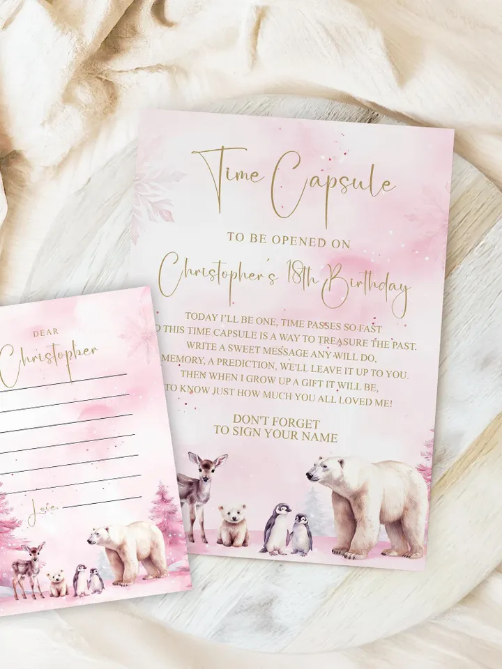 Winter Onederland Time Capsule Sign Wonderland Boy Girl First 1st Birthday Party Decor Polar Bear Arctic Animals Guestbook EDITABLE i123