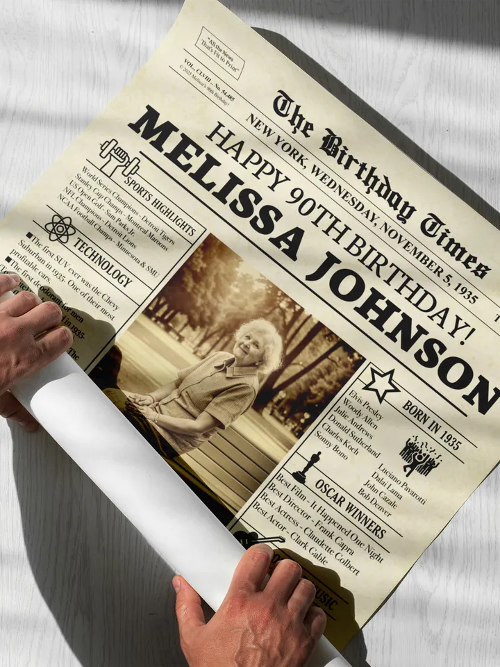 90th Birthday Newspaper Poster, Personalized 90th Birthday Gift, Vintage 1935 Birthday Sign, 90th Birthday Decorations, Back in 1935 - USA