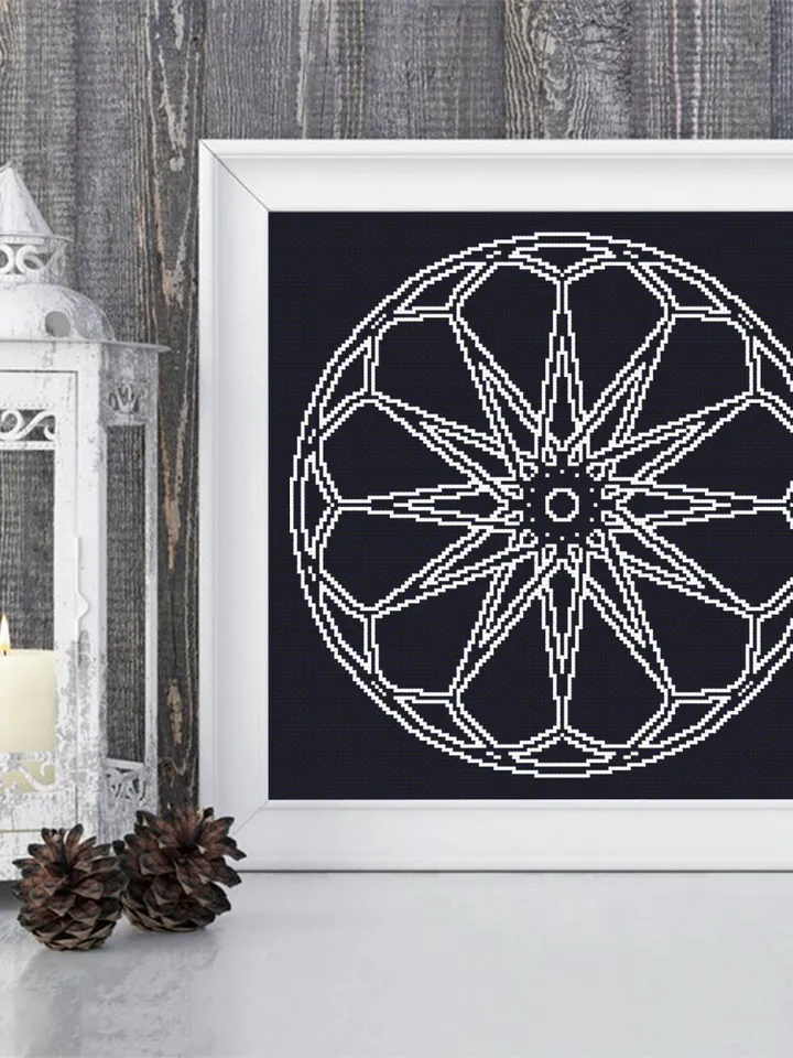 Wheel of fortune mandala cross stitch pattern download PDF Monochrome geometric ornament pattern digital PDF Quick cross stitch sampler #M30