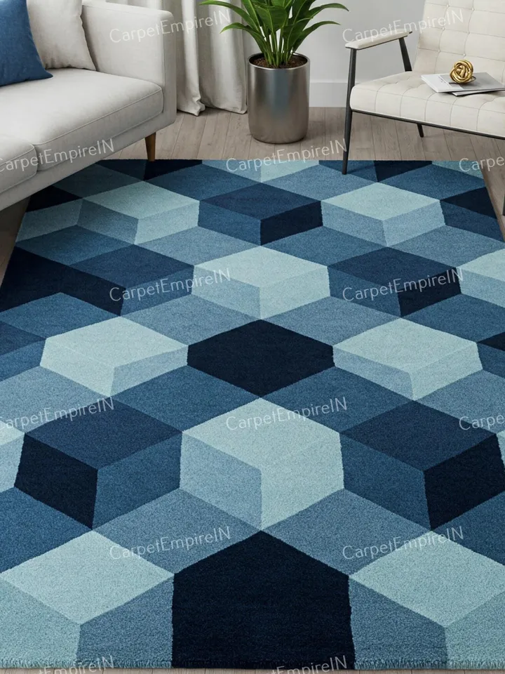 8x10 Area Rug, Geometrical Blue Rug - Modern Blue rug, Wool Rug, Hand-Tufted Floral Carpet, Contemporary, Home Decor 4x6,5x7,6x9,8x10,9x12.
