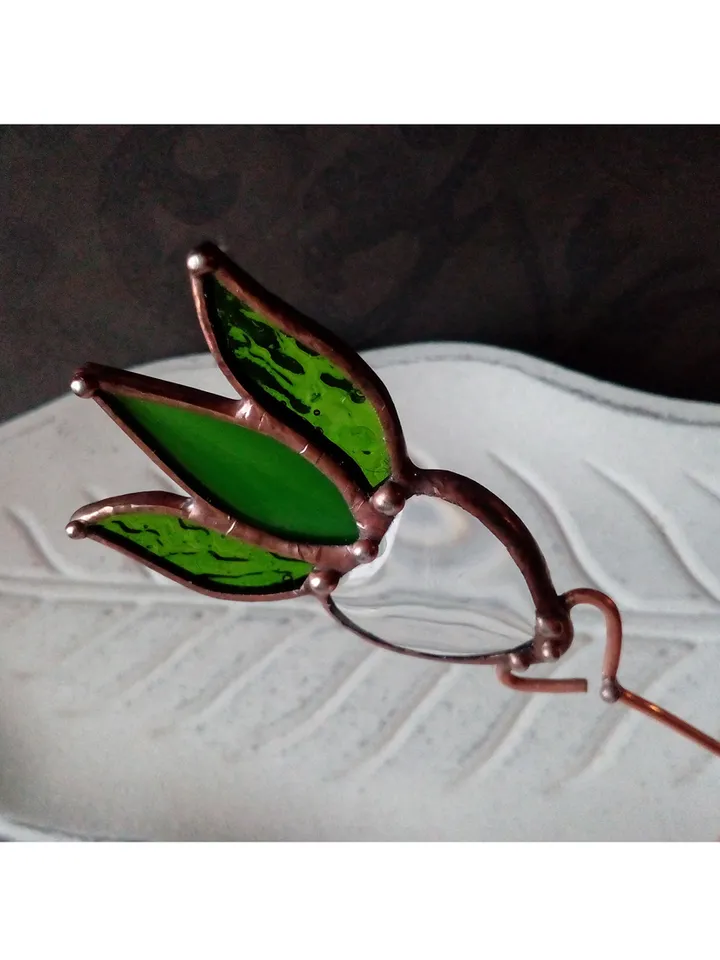 Garden art, Glass flower, lotus, lilie suncatcher, nature Stained glass, Green flower, flower pot pole