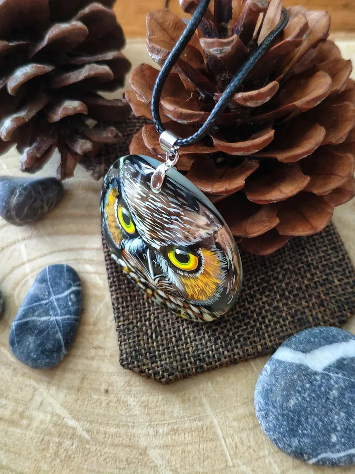 Pearl pendant necklace: Owl Face of Wisdom painted on handmade lacquer jewelry • Stunning animal necklace for nature lover • Sorceress pet