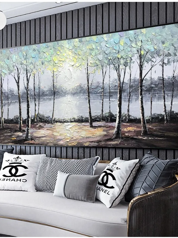 Large original oil painting on canvas,abstract art,riverside scenery,lake, trees,landscape,forest,nature,living room painting,large wall art