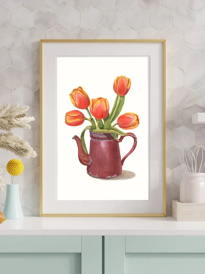 Tulip Painting Watercolor Vintage Still Life Painting Tea Lovers Watercolor Print Floral Tulip Wall Art Farmhouse Painting Red Floral Art t
